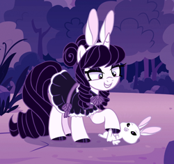 Size: 1800x1689 | Tagged: safe, artist:octoberumn, derpibooru import, oc, oc:porcelain promise, pony, rabbit, unicorn, animal, bunny ears, clothes, dress, female, forest, goth, horn, lolita fashion, mare, nature, solo, tree