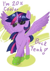 Size: 828x1171 | Tagged: safe, artist:wanderer-w0olf, derpibooru import, twilight sparkle, twilight sparkle (alicorn), alicorn, pony, g4, 20% cooler, crocs, female, horn, mare, smiling, solo, spread wings, sunglasses, twilight crockle, wings