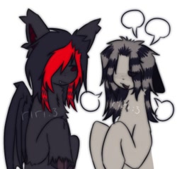 Size: 960x922 | Tagged: safe, artist:ririotz, derpibooru import, oc, oc only, oc:cole (poniesinmyhead), bat pony, earth pony, pony, bat pony oc, duo, emo, obtrusive watermark, talking, watermark