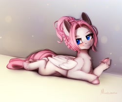 Size: 3472x2896 | Tagged: safe, artist:miokomata, derpibooru import, oc, oc only, pegasus, pony, blushing, braid, dock, female, folded wings, indoors, looking at you, lying down, mare, ponytail, prone, raised hoof, raised leg, signature, smiling, solo, tail, underhoof, unshorn fetlocks, wings