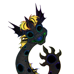 Size: 1500x1500 | Tagged: safe, artist:jehr, derpibooru import, oc, oc:jehr, changeling, lizard, original species, pony, acid, acid trip, black eye, changelingified, claws, digital, digital art, ear up, fractal, hand, hole, holes, hybrid oc, lizard pony, long neck, looking at you, sharp claws, simple background, smiling, smiling at you, solo, species swap