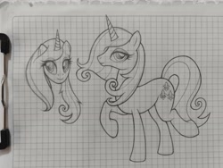 Size: 4080x3072 | Tagged: safe, artist:kp-shadowsquirrel, derpibooru import, fleur-de-lis, pony, unicorn, g4, female, horn, monochrome, newbie artist training grounds, solo, traditional art