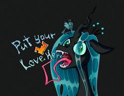 Size: 995x772 | Tagged: safe, artist:jehr, derpibooru import, queen chrysalis, changeling, changeling queen, g4, april fools, april fools 2024, changeling wings, derpibooru, fangs, heart, holes, horn, hungry, insect wings, lanky, long hair, long horn, long legs, long pony, long tongue, meta, open mouth, sharp teeth, simple background, skinny, solo, tall, teeth, text, thin, tongue, tongue out, wings
