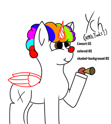 Size: 720x803 | Tagged: safe, artist:thomas.senko, derpibooru import, alicorn, changeling, earth pony, griffon, pegasus, unicorn, afro, april fools, april fools 2024, clown, clown makeup, clown nose, female, honk, horn, male, red nose, simple background, white background