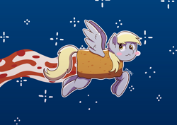 Size: 4960x3508 | Tagged: safe, artist:morrigun, derpibooru import, derpy hooves, pegasus, pony, april fools, april fools 2024, april fools joke, blushing, hot pocket, nyan cat, signature, wings