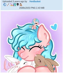 Size: 1080x1246 | Tagged: safe, artist:honeybee, derpibooru import, edit, cozy glow, pegasus, pony, rabbit, g4, a better ending for cozy, alternate hairstyle, animal, april fools, april fools 2024, commission, cozybetes, cuddling, cute, eyes closed, female, filly, foal, gradient background, heart, ych result