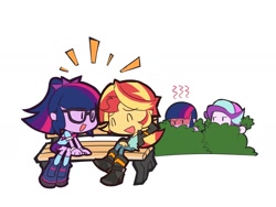 Size: 2000x1500 | Tagged: safe, artist:rvceric, derpibooru import, sci-twi, starlight glimmer, sunset shimmer, twilight sparkle, human, equestria girls, g4, ^^, angry, arm behind head, beady eyes, bench, bush, chibi, emanata, eyes closed, female, group, hiding, hiding in bushes, jealous, laughing, lesbian, looking at someone, love triangle, open mouth, open smile, quartet, sci-twishimmer, ship:sunset twiangle, shipping, simple background, sitting, smiling, sunsetsparkle, talking, twolight, white background