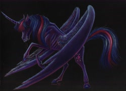 Size: 6797x4883 | Tagged: safe, artist:cahandariella, derpibooru import, twilight sparkle, twilight sparkle (alicorn), alicorn, monster pony, fanfic:and hell followed, g4, black background, colored pencil drawing, covered eyes, fanfic art, female, full body, horror, large wings, mare, simple background, solo, traditional art, wings