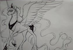 Size: 3353x2303 | Tagged: safe, artist:damon_ekel, derpibooru import, princess luna, alicorn, pony, curved horn, horn, monochrome, sketch, solo, spread wings, traditional art, wings
