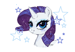 Size: 728x508 | Tagged: safe, artist:damon_ekel, derpibooru import, rarity, pony, unicorn, bust, female, horn, looking at you, mare, ms paint, simple background, smiling, smiling at you, solo, stars, white background