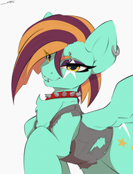 Size: 2300x3000 | Tagged: safe, artist:skitsroom, derpibooru import, lightning dust, pegasus, pony, alternate hairstyle, chest fluff, choker, clothes, dyed mane, ear piercing, earring, eye clipping through hair, eyebrow piercing, eyebrows, eyebrows visible through hair, female, high res, jewelry, lidded eyes, lip piercing, looking at you, mare, piercing, simple background, smiling, smiling at you, solo, spiked choker, torn clothes, vest, white background