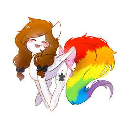 Size: 1000x1000 | Tagged: safe, artist:myralilth, derpibooru import, oc, oc only, oc:color splash, pegasus, pony, blushing, bow, cute, eyes closed, female, mare, pigtails, rainbow tail, simple background, solo, tail, tail bow, tongue, tongue out, transparent background, twintails