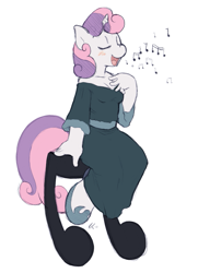 Size: 541x746 | Tagged: safe, artist:ajin, derpibooru import, sweetie belle, anthro, unguligrade anthro, unicorn, blushing, breasts, cleavage, clothes, dress, eyes closed, female, hoof shoes, horn, mare, music notes, older, older sweetie belle, open mouth, open smile, shoulderless, simple background, singing, sitting, smiling, solo, white background