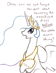 Size: 476x616 | Tagged: safe, artist:ajin, derpibooru import, princess celestia, alicorn, pony, 2011, annoyed, celestia defence, crossed hooves, dialogue, female, implied princess luna, mare, simple background, sitting, solo, tall, to the moon, white background