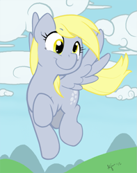Size: 631x800 | Tagged: safe, artist:ajin, derpibooru import, derpy hooves, pegasus, pony, colored, cute, female, flat colors, flying, mare, smiling, solo