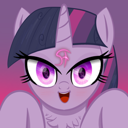 Size: 2048x2048 | Tagged: safe, artist:knife smile, derpibooru import, mean twilight sparkle, alicorn, pony, bloodshot eyes, blushing, chest fluff, female, gradient background, heart, heart eyes, high res, looking at you, mare, messy mane, open mouth, solo, wingding eyes