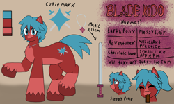 Size: 3394x2030 | Tagged: safe, artist:a.f blade kido, derpibooru import, oc, oc:blade kido, earth pony, pony, blue eyes, blue mane, chocolate bar, collar, cutie mark, hooves, messy hair, multicolored coat, ponytail, red coat, reference sheet, sleepy, sword, weapon