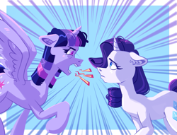 Size: 2009x1532 | Tagged: safe, artist:irisikiki, derpibooru import, rarity, twilight sparkle, twilight sparkle (alicorn), alicorn, pony, unicorn, angry, duo, duo female, ears back, emanata, female, furrowed brow, height difference, horn, mare, no dialogue, passepartout, spread wings, wings, yelling