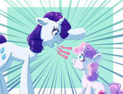Size: 2009x1532 | Tagged: safe, artist:irisikiki, derpibooru import, rarity, sweetie belle, pony, unicorn, angry, belle sisters, duo, duo female, ears back, emanata, female, filly, foal, furrowed brow, height difference, horn, mare, no dialogue, passepartout, siblings, sisters, yelling