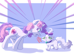 Size: 2009x1532 | Tagged: safe, artist:irisikiki, derpibooru import, opalescence, sweetie belle, cat, pony, unicorn, angry, duo, duo female, ears, emanata, female, filly, floppy ears, foal, furrowed brow, height difference, horn, no dialogue, passepartout, yelling