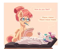Size: 1845x1467 | Tagged: safe, artist:irisikiki, derpibooru import, fluttershy, opalescence, cat, pegasus, pony, alternate hairstyle, border, dialogue, duo, duo female, fainting couch, female, glasses, lying down, mare, mouth hold, notebook, on back, pencil, simple background, therapy, updo, yellow background