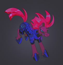 Size: 948x974 | Tagged: safe, alternate version, artist:gothamsfinestdummy, derpibooru import, tempest shadow, pony, unicorn, g4, angry, armor, blue eyes, broken horn, eye scar, facial scar, female, frown, gradient background, horn, long mane, long tail, mare, narrowed eyes, pink mane, pink tail, running, scar, scowl, shiny mane, shiny tail, signature, solo, spiky mane, storm guard, tail, teeth, wide stance