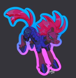 Size: 948x974 | Tagged: safe, alternate version, artist:gothamsfinestdummy, derpibooru import, tempest shadow, pony, unicorn, g4, angry, armor, blue eyes, broken horn, eye scar, facial scar, female, frown, gray background, horn, long mane, long tail, mare, narrowed eyes, outline, pink mane, pink tail, running, scar, scowl, shiny mane, shiny tail, signature, simple background, solo, spiky mane, storm guard, tail, teeth, wide stance