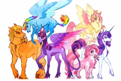 Size: 4096x2732 | Tagged: safe, artist:madisockz, derpibooru import, applejack, fluttershy, pinkie pie, rainbow dash, rarity, twilight sparkle, twilight sparkle (alicorn), alicorn, earth pony, pegasus, pony, unicorn, g4, alternate color palette, alternate design, alternate eye color, alternate hairstyle, alternate tailstyle, applejack's hat, applejacked, beard, big ears, blaze (coat marking), blonde, blonde mane, blue coat, blue eyes, blush sticker, blushing, body freckles, braid, braided ponytail, cheek fluff, chest fluff, chin fluff, chonk, chubby, clothes, cloven hooves, coat markings, colored belly, colored eartips, colored eyebrows, colored hooves, colored horn, colored muzzle, colored pinnae, colored wings, colored wingtips, concave belly, cowboy hat, curly hair, curly mane, curly tail, curved horn, dappled, diverse body types, ear fluff, ear tufts, ears, ears back, eyeshadow, facial hair, facial markings, female, fetlock tuft, fluffy, flying, freckles, frown, gradient horn, green eyes, group, hat, heart, heart mark, height difference, high res, hooves, horn, impossibly large tail, knee blush, leonine tail, long horn, long legs, long mane, long tail, looking at each other, looking at someone, looking back, makeup, mane six, mare, mealy mouth (coat marking), mohawk, multicolored hair, multicolored hooves, multicolored mane, multicolored tail, multicolored wings, muscles, narrowed eyes, no mouth, open mouth, open smile, orange coat, pale belly, physique difference, pink coat, pink eyes, pink mane, pink tail, pinto, ponytail, profile, purple coat, purple mane, purple tail, rainbow hair, rainbow tail, raised hoof, raised leg, redesign, reverse countershading, sextet, shiny hooves, short hair rainbow dash, short mane, short tail, simple background, slender, smiling, smoldash, sparkly coat, speckled, spread wings, standing, starry coat, straight mane, straight tail, tail, tall ears, thin, thin legs, tied mane, two toned mane, unicorn beard, unicorn horn, unshorn fetlocks, wall of tags, wavy mane, wavy tail, white background, white coat, wingding eyes, wings, yellow coat