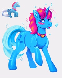 Size: 2400x3000 | Tagged: safe, artist:madisockz, derpibooru import, pony, unicorn, ambiguous gender, blue coat, blue eyes, blue tail, blush scribble, blushing, bootleg, choker, colored eyelashes, colored horn, colored pinnae, curly hair, curly mane, curly tail, heart choker, high res, horn, lineless, long mane, long tail, looking back, messy mane, messy tail, open mouth, open smile, pink mane, raised hoof, raised leg, shiny coat, shiny horn, signature, simple background, smiling, solo, sparkles, standing, tail, toy interpretation, unicorn horn, white background, wingding eyes