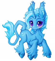 Size: 2400x2618 | Tagged: safe, artist:madisockz, derpibooru import, trixie, pony, unicorn, g4, beard, big ears, big eyes, blue coat, blue mane, blue tail, blushing, butt fluff, chest fluff, colored eyelashes, colored hooves, colored pinnae, digital painting, ear fluff, ear tufts, ears, facial hair, female, high res, horn, in air, leonine tail, long horn, long mane, long tail, looking at you, mare, purple eyes, shiny hooves, shiny horn, signature, simple background, smiling, smiling at you, solo, tail, tall ears, unicorn beard, unicorn horn, unshorn fetlocks, wavy mane, white background, wingding eyes
