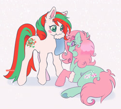 Size: 2048x1840 | Tagged: safe, artist:madisockz, derpibooru import, minty, earth pony, pony, g1, g3, :3, abstract background, christmas, christmas stocking, colored pnnae, colored underhoof, curly hair, curly mane, curly tail, duo, duo female, ear fluff, ears, female, green eyes, holiday, hoof heart, long mane, long socks, long tail, looking at each other, looking at someone, lying down, mare, merry treat, mint coat, mouth hold, open mouth, open smile, pink mane, pink tail, prone, purple eyes, shadow, shiny mane, signature, smiling, smiling at each other, snow, snowfall, standing, sticker blush, tail, two toned mane, two toned tail, underhoof, white coat, wingding eyes