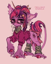 Size: 2400x3000 | Tagged: safe, artist:madisockz, derpibooru import, twilight sparkle, unicorn twilight, classical unicorn, pony, unicorn, g4, alternate color palette, alternate design, alternate hair color, alternate hairstyle, alternate tail color, alternate tailstyle, big ears, big eyes, braid, cheek fluff, clothes, cloven hooves, coat markings, colored hooves, colored pinnae, colored sketch, concave belly, ear fluff, ear piercing, ear tufts, earring, ears, eyebrows, eyebrows visible through hair, eyeshadow, female, freckles, frown, glasses, hair bun, hairclip, hairpin, high res, horn, jewelry, leg warmers, leonine tail, lidded eyes, long mane, long tail, looking away, makeup, mare, necklace, piercing, pink background, pink coat, pink text, purple coat, purple eyes, raised hoof, raised leg, redesign, shiny hooves, shiny mane, shiny tail, signature, simple background, sketch, socks (coat marking), solo, standing, sweater, tail, text, thin, tied mane, turtleneck, two toned mane, two toned tail, unshorn fetlocks, wall of tags, wingding eyes