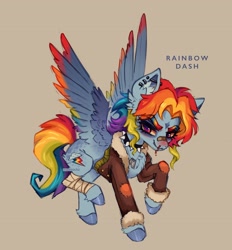 Size: 3422x3684 | Tagged: safe, artist:madisockz, derpibooru import, rainbow dash, pegasus, pony, g4, alternate color palette, alternate design, alternate hairstyle, bags under eyes, bandage, bandaged leg, bandaid, bandaid on nose, beige background, blood, blue coat, blue text, bomber jacket, butt fluff, chest fluff, choker, clothes, coat markings, colored eyebrows, colored hooves, colored sketch, colored wings, colored wingtips, dog tags, ear fluff, ear piercing, earring, ears, eyebrows, eyebrows visible through hair, facial markings, female, fetlock tuft, flying, high res, industrial piercing, jacket, jewelry, long mane, long tail, mare, multicolored hair, multicolored mane, multicolored tail, multicolored wings, narrowed eyes, nose blush, nosebleed, piercing, pink eyes, rainbow hair, rainbow tail, rainbow wings, redesign, shiny hooves, shiny mane, shiny tail, signature, simple background, sketch, smiling, solo, speckled, spiked choker, spread wings, star (coat marking), tail, text, thick eyelashes, wall of tags, wing fluff, wingding eyes, wings, wolf cut