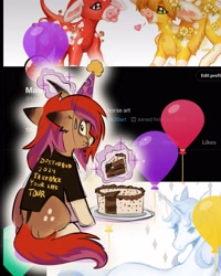 Size: 2400x3000 | Tagged: safe, artist:madisockz, derpibooru import, oc, oc only, pony, unicorn, balloon, birthday, birthday art, birthday cake, cake, cake slice, chewing, clothes, coat markings, colored eartips, colored muzzle, curved horn, disturbed (band), dorsal stripe, ear fluff, ears, ears back, eating, facial markings, female, floppy ears, food, glowing, glowing horn, gradient horn, hat, high res, horn, long mane, long tail, looking at you, looking back, looking back at you, magic, mare, mealy mouth (coat marking), meta, multicolored mane, multicolored tail, party hat, ponysona, rear view, shirt, shrunken pupils, sitting, solo, sweat, sweatdrop, t-shirt, tail, telekinesis, twitter, unicorn oc, unique horn, unnamed oc
