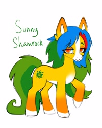 Size: 1280x1600 | Tagged: safe, alternate version, artist:madisockz, derpibooru import, oc, oc only, oc:sunny shamrock, earth pony, pony, blaze (coat marking), coat markings, colored belly, colored eartips, colored hooves, colored pinnae, ear fluff, ears, earth pony oc, eye clipping through hair, eyebrows, eyebrows visible through hair, eyeshadow, facial markings, female, golden eyes, gradient ears, green tail, lidded eyes, long mane, long tail, makeup, mare, mealy mouth (coat marking), multicolored mane, pale belly, raised hoof, raised leg, simple background, smiling, socks (coat marking), solo, standing, tail, two toned tail, white background, yellow coat