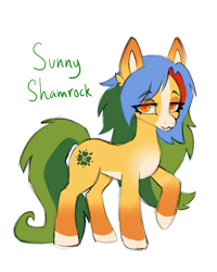 Size: 1638x2048 | Tagged: safe, alternate version, artist:madisockz, derpibooru import, oc, oc only, oc:sunny shamrock, earth pony, pony, blaze (coat marking), coat markings, colored belly, colored eartips, colored hooves, colored pinnae, ear fluff, ears, earth pony oc, eye clipping through hair, eyebrows, eyebrows visible through hair, eyeshadow, facial markings, female, golden eyes, gradient ears, green tail, lidded eyes, long mane, long tail, makeup, mare, mealy mouth (coat marking), multicolored mane, pale belly, raised hoof, raised leg, simple background, smiling, socks (coat marking), solo, standing, tail, two toned tail, white background, yellow coat