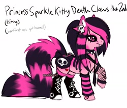 Size: 3000x2539 | Tagged: safe, artist:madisockz, derpibooru import, oc, oc only, oc:princess sparkle kitty death claws the 2nd, earth pony, pony, choker, clothes, coat markings, colored eartips, colored pinnae, converse, dyed mane, dyed tail, ear fluff, ears, earth pony oc, edgy, emo, eyeshadow, fangs, female, fishnet clothing, heart, heart eyes, heart mark, high res, hoof shoes, impossibly large tail, leg warmers, long mane, long tail, makeup, mare, necktie, original character do not steal, pink coat, pink eyes, profile, raised hoof, raised leg, scemo, scene, scene hair, shoes, simple background, skelanimals, smiling, sneakers, solo, spiked choker, standing, stripes, tail, two toned mane, two toned tail, white background, wingding eyes