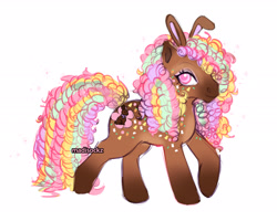 Size: 2048x1638 | Tagged: safe, artist:madisockz, derpibooru import, oc, oc only, oc:daisy petals, earth pony, pony, body freckles, brown coat, bunny ears, coat markings, colored belly, colored eartips, colored pinnae, curly hair, curly mane, curly tail, dreadlocks, earth pony oc, facial markings, female, freckles, long mane, long tail, looking back, makeup, mare, mealy mouth (coat marking), multicolored mane, multicolored tail, pale belly, pink eyes, profile, raised hoof, raised leg, signature, simple background, smiling, socks (coat marking), solo, tail, white background, wingding eyes