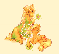 Size: 2048x1887 | Tagged: safe, artist:madisockz, derpibooru import, applejack, earth pony, horse, pony, g4, :3, applejack (bella sara), bella sara, blonde, blonde mane, blonde tail, blushing, coat markings, colored eyebrows, colored hooves, colored pinnae, crossover, duo, duo female, ear fluff, ears, eye clipping through hair, eyebrows, eyebrows visible through hair, eyes closed, female, floppy ears, flower, flower in hair, flower in tail, focused, freckles, glowing, glowing hooves, height difference, long mane, long tail, looking at something, lying down, magic, mare, orange coat, orange eyes, prone, shiny hooves, signature, simple background, sitting, smiling, sparkles, splotches, tail, telekinesis, tied tail, tongue, tongue out, wingding eyes, yellow background