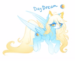 Size: 3568x2912 | Tagged: safe, alternate version, artist:madisockz, derpibooru import, oc, oc only, oc:daydream, pegasus, pony, :3, ahoge, bags under eyes, big eyes, blaze (coat marking), blonde, blonde mane, blonde tail, blue coat, body freckles, chest fluff, coat markings, colored ear fluff, colored eyebrows, colored muzzle, colored pinnae, colored sketch, colored wings, colored wingtips, ear fluff, ears, eye clipping through hair, eyebrows, eyebrows visible through hair, facial markings, female, flying, freckles, golden eyes, gradient legs, gradient mane, gradient tail, gradient wings, high res, impossibly long tail, lidded eyes, long mane, long tail, mare, mealy mouth (coat marking), partially open wings, pegasus oc, signature, simple background, sketch, smiling, socks (coat marking), solo, tail, two toned mane, two toned tail, two toned wings, white background, wingding eyes, wings