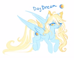 Size: 3568x2912 | Tagged: safe, alternate version, artist:madisockz, derpibooru import, oc, oc only, oc:daydream, pegasus, pony, :3, ahoge, bags under eyes, big eyes, blonde, blonde mane, blonde tail, blue coat, chest fluff, colored ear fluff, colored eyebrows, colored pinnae, colored sketch, ear fluff, ears, eye clipping through hair, eyebrows, eyebrows visible through hair, female, flying, golden eyes, high res, impossibly long tail, lidded eyes, long mane, long tail, mare, partially open wings, pegasus oc, signature, simple background, sketch, smiling, solo, tail, two toned mane, two toned tail, white background, wingding eyes, wings