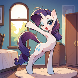 Size: 1024x1024 | Tagged: safe, ai content, derpibooru import, generator:pony diffusion v6 xl, generator:stable diffusion, machine learning generated, rarity, pony, cute, messy mane, morning ponies, one eye closed, prompter:doom9454, solo, standing, stretching, yawn