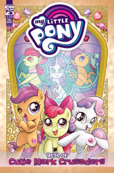 Size: 2063x3131 | Tagged: safe, artist:brendahickey, derpibooru import, idw, apple bloom, scootaloo, sweetie belle, earth pony, pegasus, pony, unicorn, series:best of my little pony, g4, apple bloom's bow, bow, comic cover, cutie mark crusaders, female, filly, foal, hair bow, high res, horn, my little pony logo, official, official comic, open mouth, open smile, smiling, spread wings, the cmc's cutie marks, trio, trio female, wings