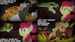 Size: 2000x1125 | Tagged: safe, derpibooru import, edit, edited screencap, editor:quoterific, screencap, apple bloom, applejack, chimera sisters, chimera, g4, somepony to watch over me, bag, boots, fire, fireproof boots, multiple heads, saddle bag, shoes, three heads