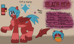 Size: 3394x2030 | Tagged: safe, artist:a.f blade kido, derpibooru import, oc, oc:blade kido, bat pony, pony, bat wings, blue eyes, blue mane, collar, cutie mark, eating, fangs, food, happy, mango, multicolored coat, red coat, reference sheet, wings