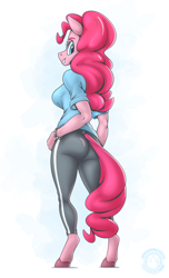 Size: 1864x3070 | Tagged: safe, artist:mysticalpha, derpibooru import, pinkie pie, anthro, earth pony, unguligrade anthro, balloonbutt, bracelet, breasts, butt, clothes, jewelry, pants, pinkie pies, shirt, sideboob, solo, sweatpants