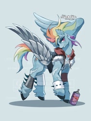 Size: 1668x2224 | Tagged: safe, artist:paley693, derpibooru import, rainbow dash, pegasus, pony, amputee, clothes, ear piercing, female, jacket, jewelry, light blue background, mare, metal wing, necklace, piercing, prosthetic limb, prosthetic wing, prosthetics, simple background, solo, spiked wristband, spray can, watermark, wings, wristband