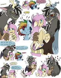 Size: 2750x3500 | Tagged: safe, artist:pegacousinceles, derpibooru import, angel bunny, discord, fluttershy, rainbow dash, au:war never ends, discoshy, female, male, shipping, simple background, straight, transparent background, yandere