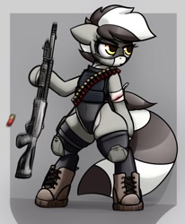 Size: 742x900 | Tagged: safe, artist:jetwave, derpibooru import, oc, oc only, oc:bandy cyoot, pony, armor, bandage, bandolier, bipedal, boots, female, gun, knee pads, mare, shoes, shotgun, solo, tactical vest, weapon