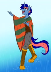 Size: 2894x4093 | Tagged: safe, artist:dragonfoxgirl, derpibooru import, oc, oc only, oc:ryo, anthro, unicorn, boots, clothes, gradient background, horn, poncho, rain, shoes, solo, unicorn oc